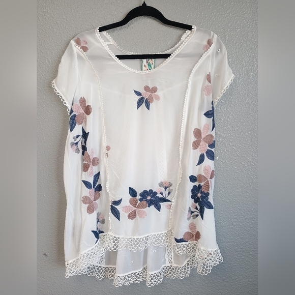 Johnny Was Dahlia Top Embroidered Floral Shear Cap Sleeves Small White/Pink/Blue - Picture 3 of 13